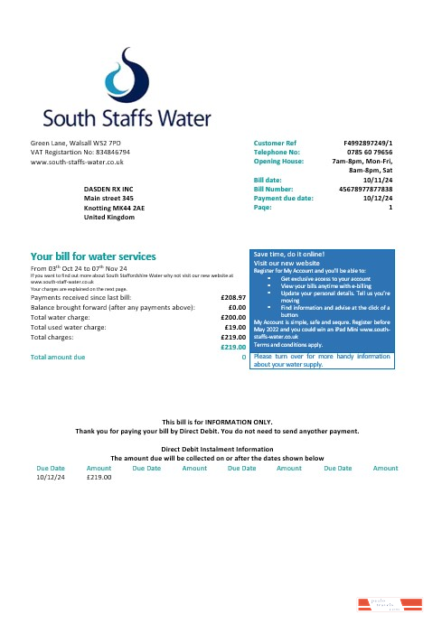 United Kingdom South Staffs Water water business utility bill Word and PDF formats, version 2